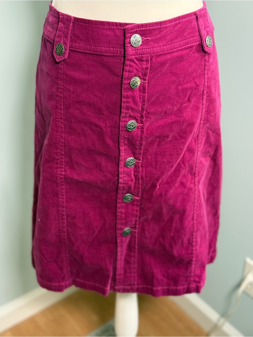 Tribal Button-Front Corduroy Skirt in Berry